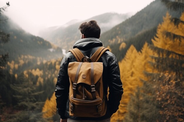 森と山の素晴らしい景色を楽しむ男 旅行の背景 旅行の男