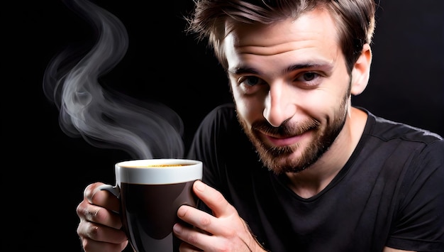 Человек наслаждается ароматным утренним кофе на черном фоне