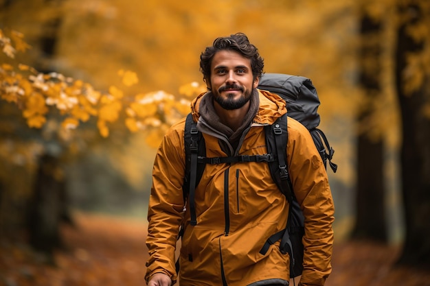 Man enjoying backpacking trip at the beautiful autumn golden forest Created with Generative AI technology