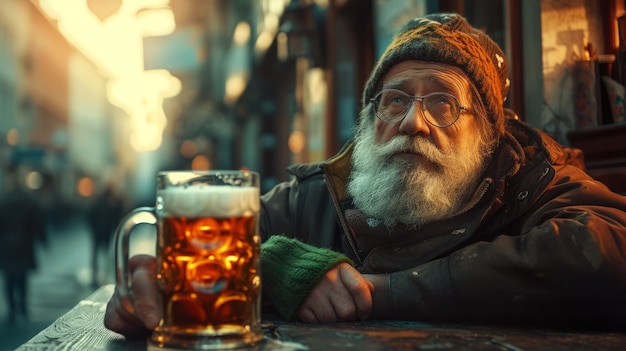 Человек, наслаждающийся бокалом пива в городской обстановке, освещенной теплым светом заката или уличных фонарей