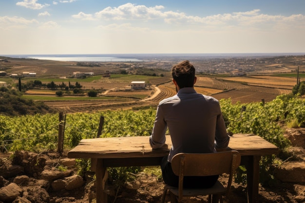 Man Enjoying the Scenic View of a Vineyard from a Table