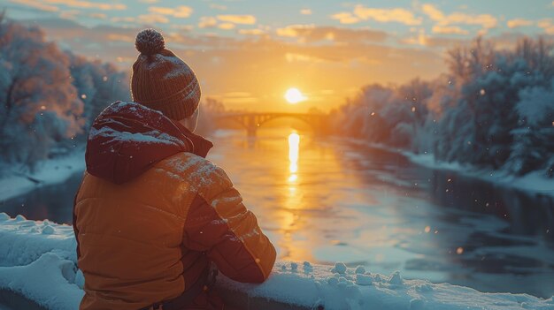 Man Enjoying a Scenic Winter Sunset by the River Surrounded by Snow