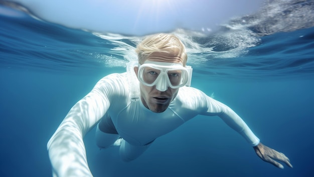 Человек, наслаждающийся подводным весельем с маской и плаванием в океане