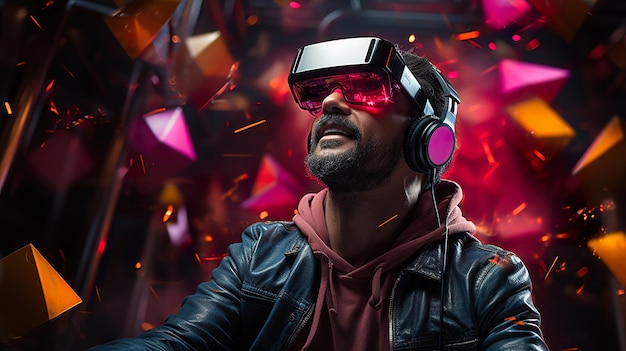 Man enjoying vr headset with yellow and pink squares