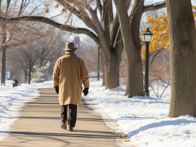 写真 冬の日にのんびり散歩を楽しむ男性