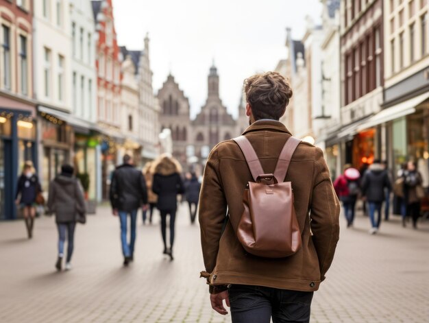 Foto l'uomo si diverte a passeggiare tranquillamente per le vivaci strade della città