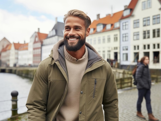 Photo man enjoys a leisurely stroll through the vibrant city streets