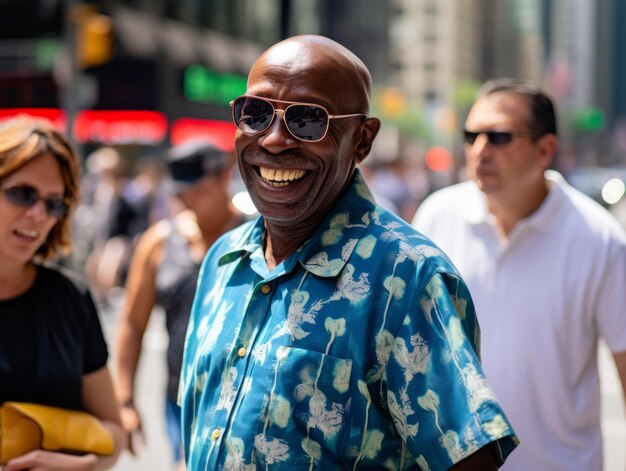 Man enjoys a leisurely stroll through the vibrant city streets