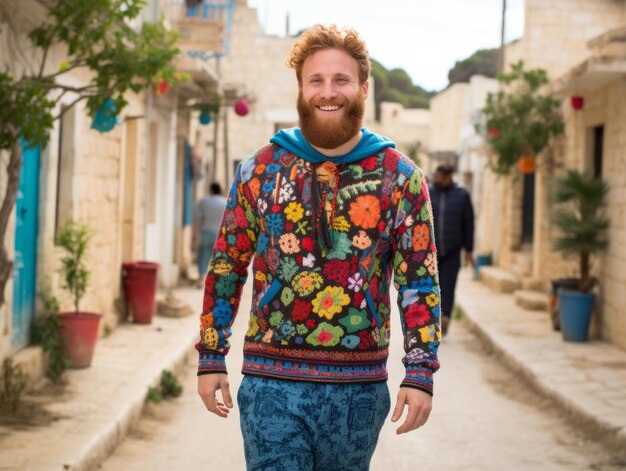 Man enjoys a leisurely stroll through the vibrant city streets