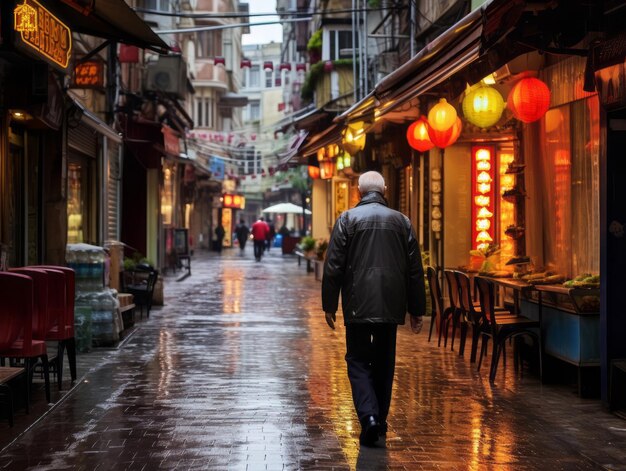 Photo man enjoys a leisurely stroll through the vibrant city streets