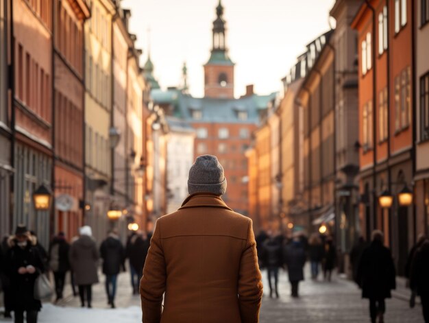 Man enjoys a leisurely stroll through the vibrant city streets