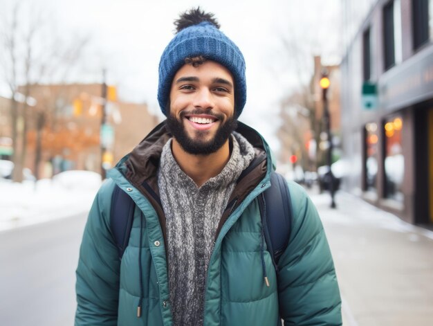 Photo man enjoys a leisurely walk on a winter day