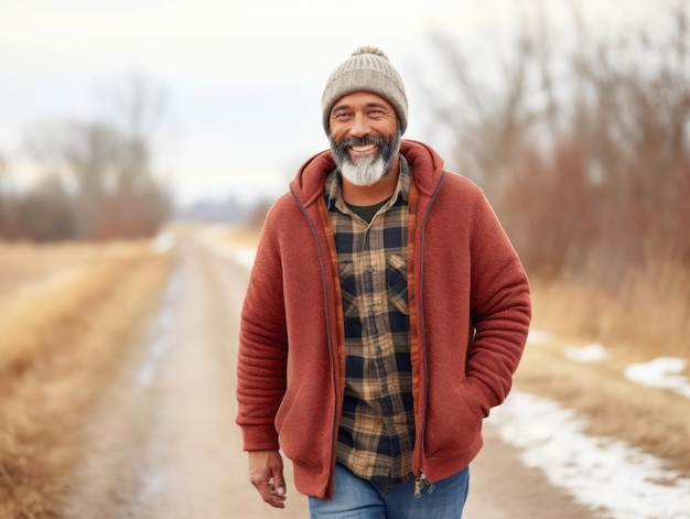 man enjoys a leisurely walk on a winter day