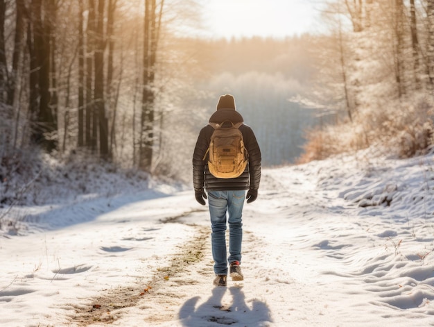 man enjoys a leisurely walk on a winter day