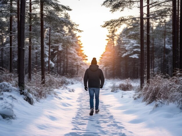 man enjoys a leisurely walk on a winter day