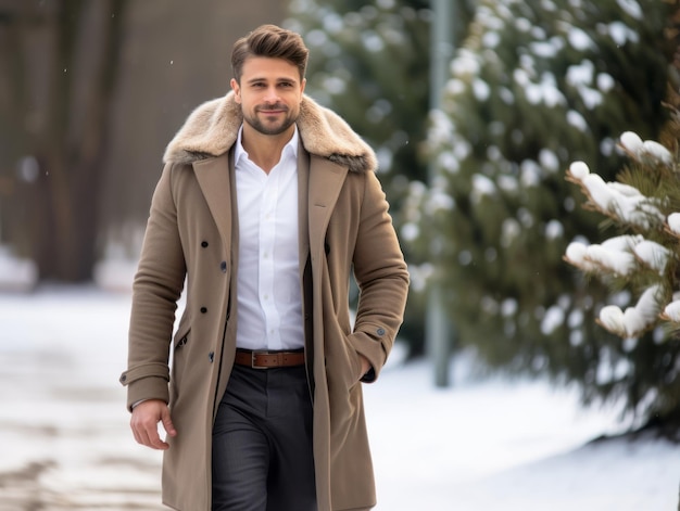 man enjoys a leisurely walk on a winter day