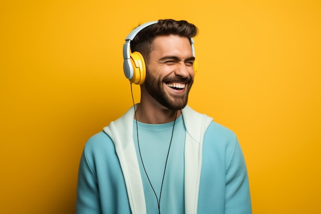 A man enjoys listening to music using earphones on a color background