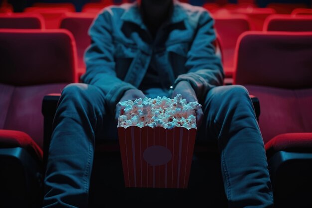 Man enjoys movies with popcorn in cinema theater