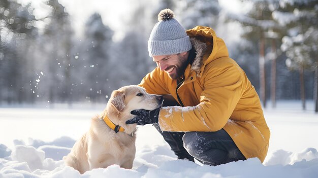 A man enjoys playtime with his dog in a snowy winter park