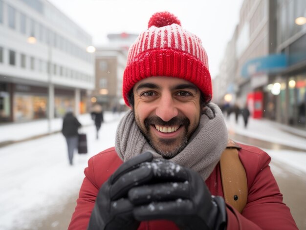 写真 男は遊び心のあるポーズで冬の雪の日を楽しんでいます