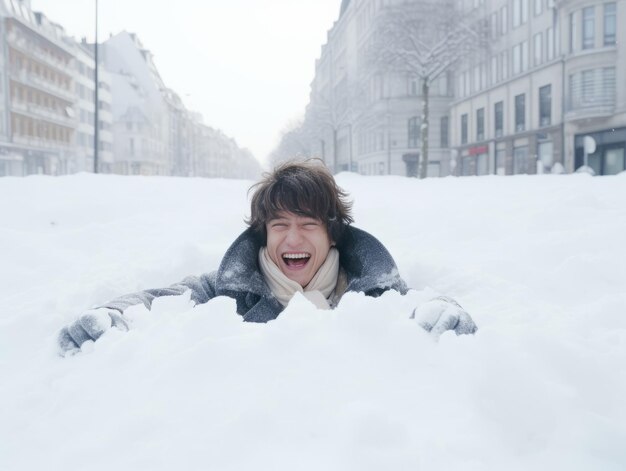 男は遊び心のあるポーズで冬の雪の日を楽しんでいます