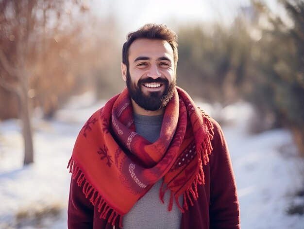 Man enjoys the winter snowy day in playful pose