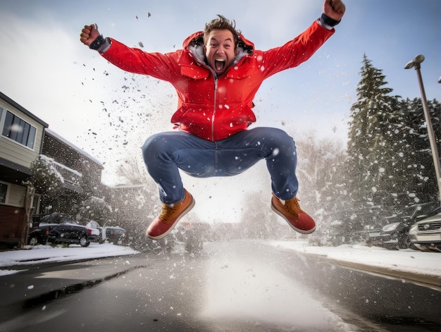 Man enjoys the winter snowy day in playful pose