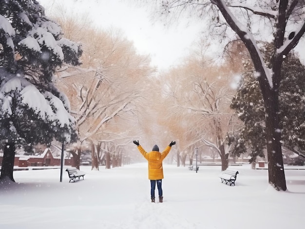 男は遊び心のあるポーズで冬の雪の日を楽しんでいます