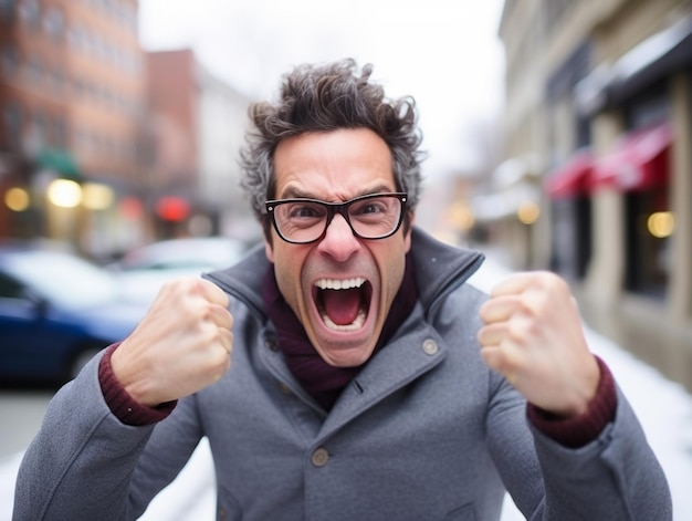 Man enjoys the winter snowy day in playful pose