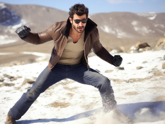 Man enjoys the winter snowy day in playful pose