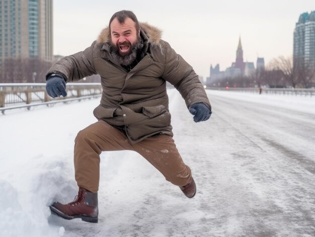 Man enjoys the winter snowy day in playful pose