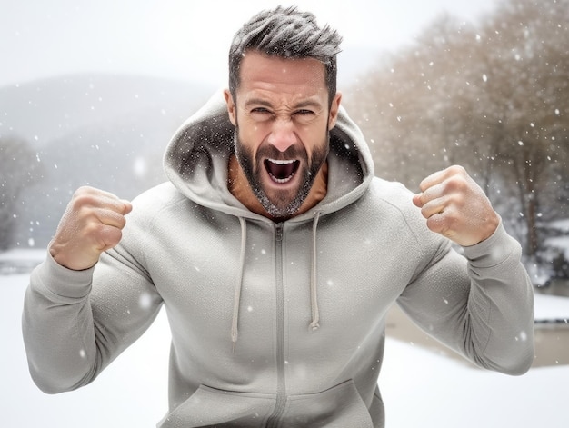 男は遊び心のあるポーズで冬の雪の日を楽しんでいます