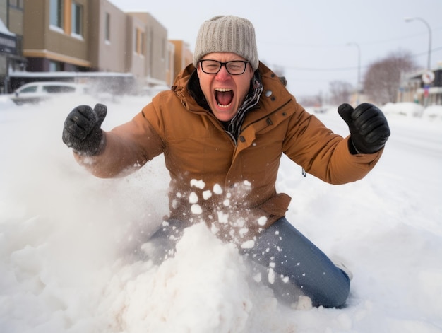 Man enjoys the winter snowy day in playful pose