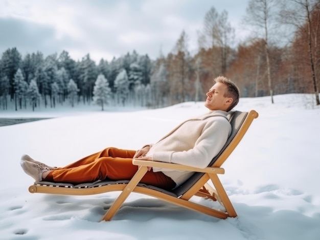 Photo man enjoys the winter snowy day in playful pose