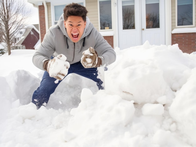 男は遊び心のあるポーズで冬の雪の日を楽しんでいます