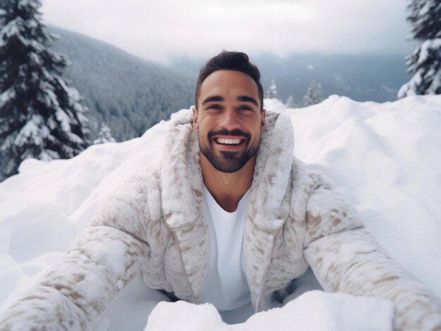 Man enjoys the winter snowy day in playful pose