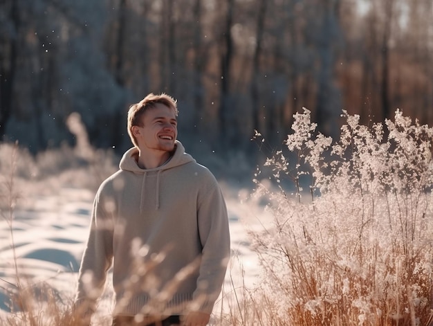 Man enjoys the winter snowy day in playful pose