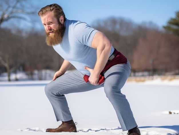 男は遊び心のあるポーズで冬の雪の日を楽しんでいます