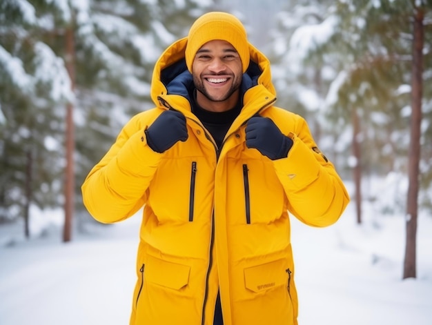 男は遊び心のあるポーズで冬の雪の日を楽しんでいます