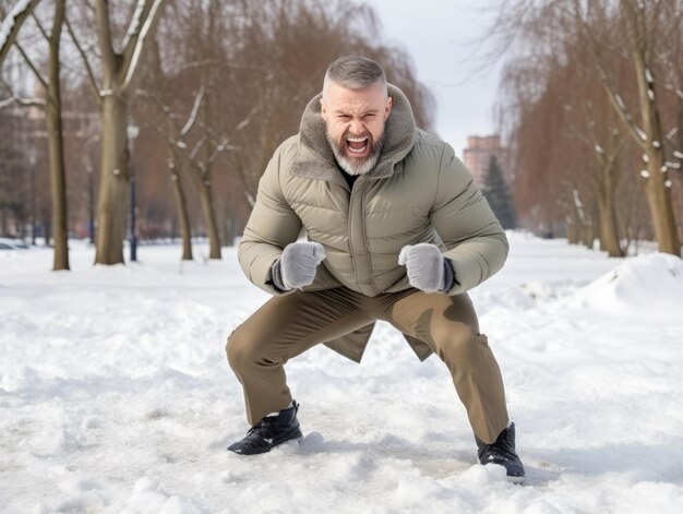 男は遊び心のあるポーズで冬の雪の日を楽しんでいます