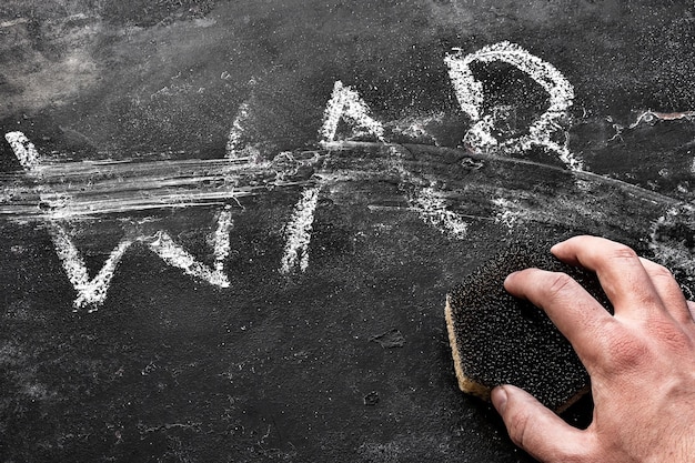 Man erases with a sponge the word war concept stop war no war stop the war