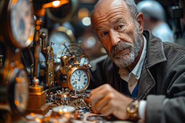 Man examining assortment of antique clocks