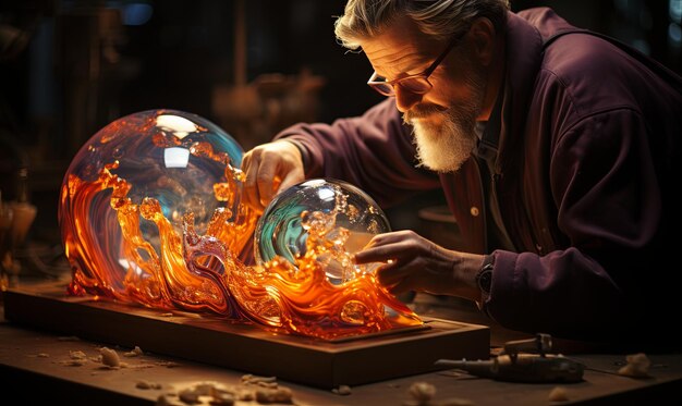 Photo man examining glass ball on table