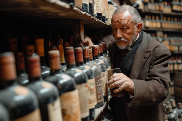 Photo man examining wine bottles in store