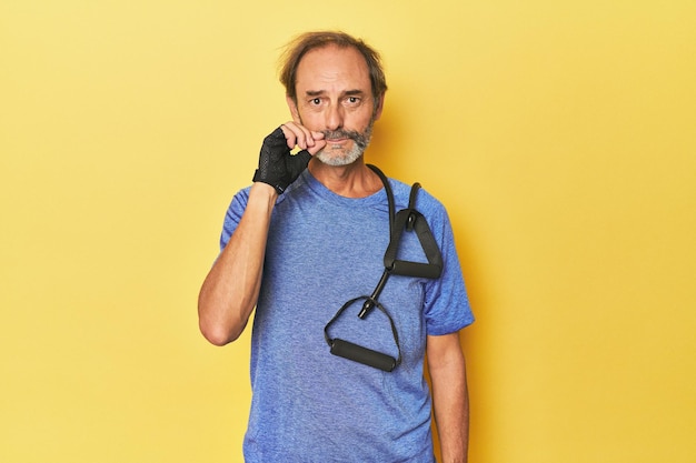 Man exercising with bands in studio with fingers on lips keeping a secret