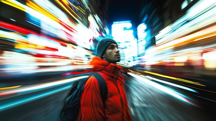 Photo man experiencing mental overload in a fastmoving city perfect for anxiety overstimulation and psychological themes