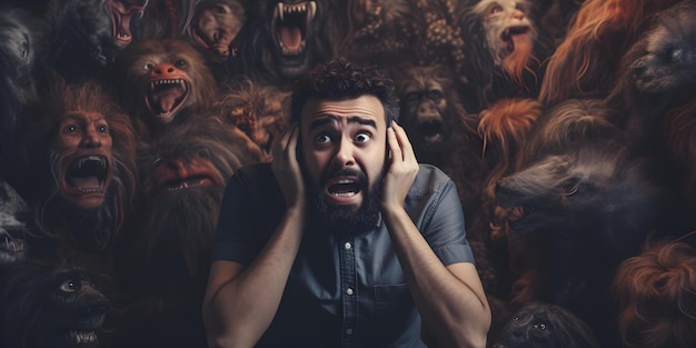 Man experiencing panic attack surrounded by monsters and frightening thoughts exploring mental health challenges Concept Mental Health Awareness Panic Attack Monsters Frightening Thoughts