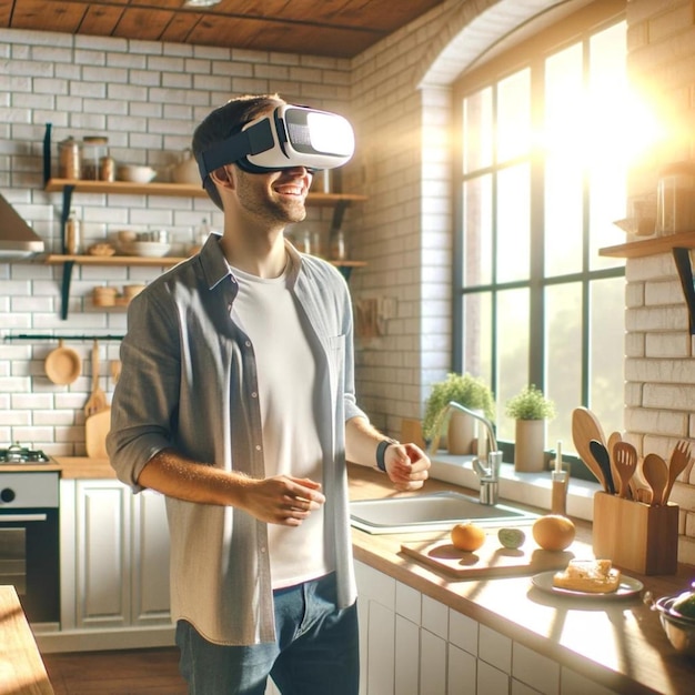 Man Experiencing Virtual Reality Cooking in Sunlit Rustic Kitchen