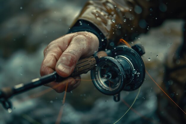 Foto un uomo tiene con abilità una canna da pesca e una bobina per mostrare la sua padronanza dell'arte della pesca