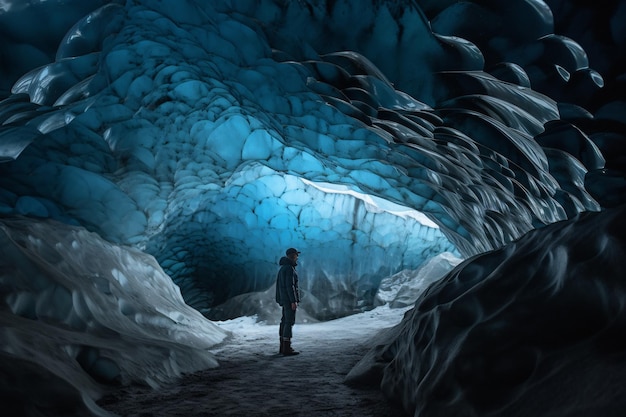 Man exploring an amazing glacial cave in Iceland